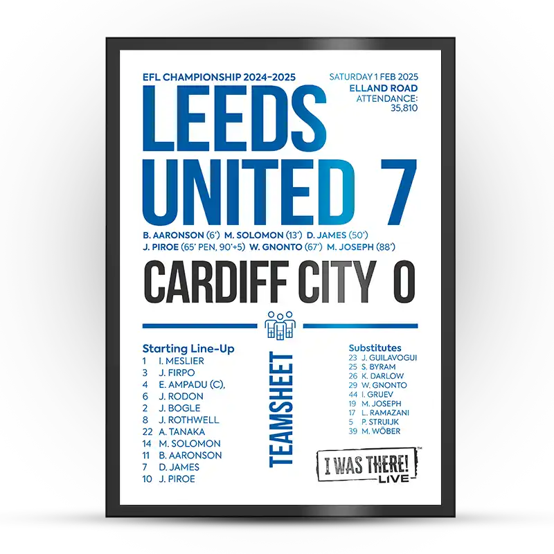 Leeds United 7 Cardiff City 0 Scoreline Poster