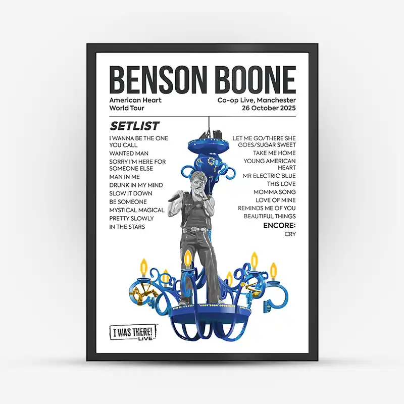 Benson Boone American Heart Tour Setlist & Illustration Poster - Manchester 26 Oct 2025