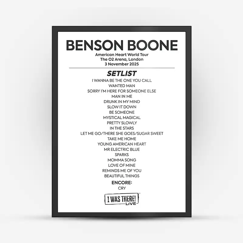 Benson Boone American Heart Tour Setlist Poster - London 3 Nov 2025