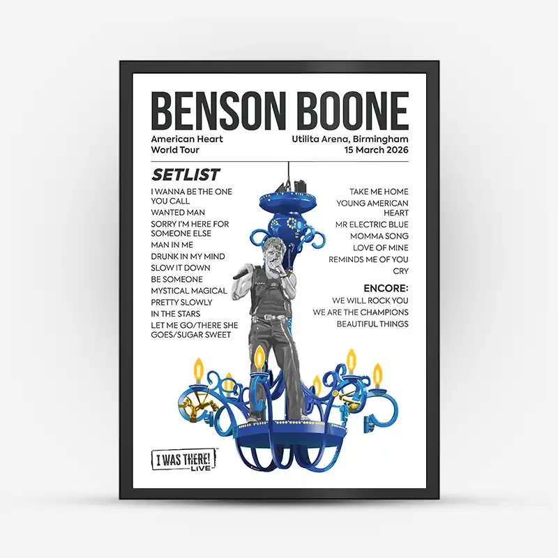 Benson Boone American Heart Tour Setlist & Illustration Poster - Birmingham 15 March 2026