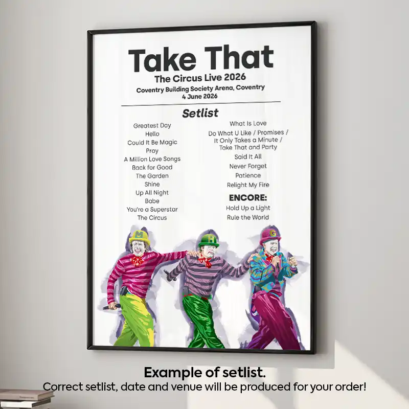 Take That The Circus Tour 2026 Illustration Setlist Poster 4 June 2026